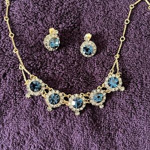 Gold Necklace and Earring Set with Blue Gems